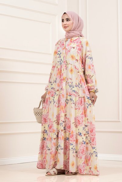 Sevitli Esin Half Button Robe Dress-Pink