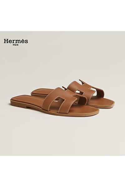 Hermes H24 Oran Calfskin Open-Toe Slip-On H-Shaped Cutout Flats for Women Sum...