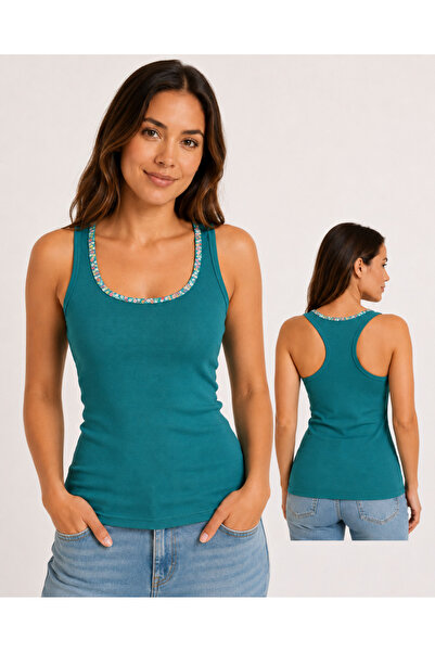 Hobi Kafe Hand Embroidered Green Sequin Strap Summer T-Shirt (Suitable for Si...