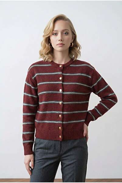 Gülçin Coşkun Crew Neck Gold Button Detailed Striped Trendy Basic Women's Kni...