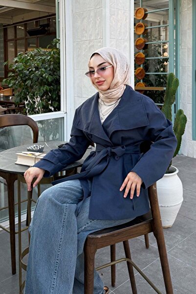 MELEK ARAZ Premium Stand Collar Belted Malta Trench Coat - Indigo