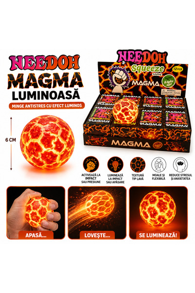 Needoh Minge Antistres Magma Luminoasă, 6 cm, Activare la Impact sau Presiune...