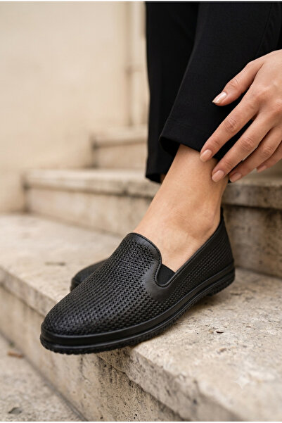 Mammamia 7145 Genuine Leather Daily Women's Flat Shoes-Black
