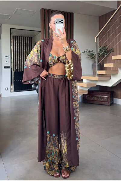 My Blog Brown Design Bustier Kimono Triple Set - 8606