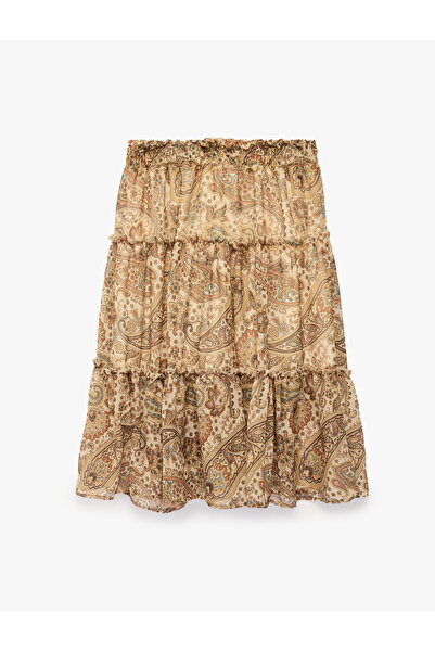 Koton Patterned, Layered, Loose-Fit, Below-Knee Chiffon Skirt with Elastic Wa...