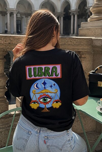 GIA - ART Women's Oversize T-Shirt Libra Printed Black – Crew Neck, Comfortab...