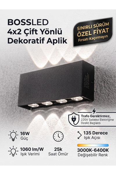 BOSSLED Gün Işığı 4x2 Dekoratif Çift Yönlü LED Aplik 16W 1060 LM/W Cephe Arma...