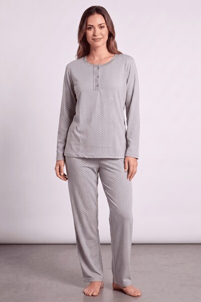 hadiora Women's Gray Oversized Polka Dot Long Sleeve Pajama Set