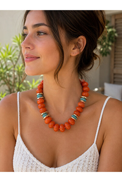 ANKA JEWELLRY Women's Summer Orange Turquoise Bead Necklace