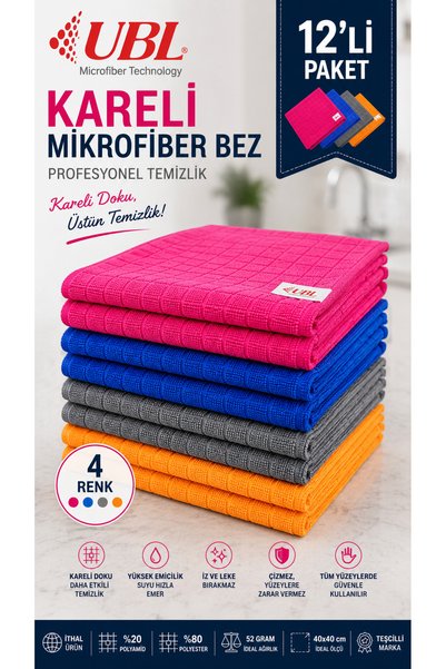 UBL kareli mikrofiber mutfak bezi 12'li set 40x40 cm çok amaçlı süper emici