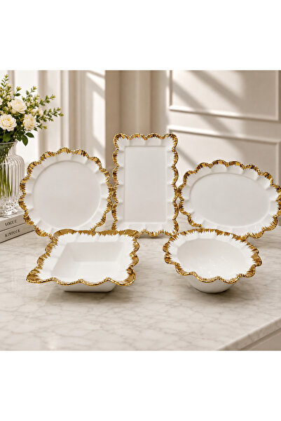 Hinora 5-Piece Porcelain Presentation and Serving Set – Gold Gilded Wavy Edge...