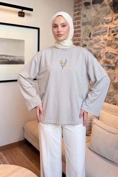 Salih Çelebi Floral Embroidered Combed Cotton Blouse 13137 - Gray