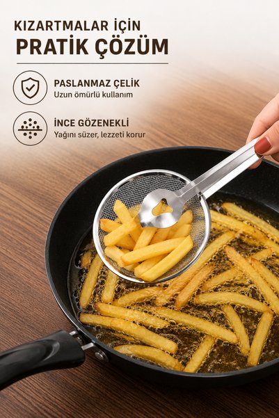 Ercazzo Paslanmaz Çelik Süzgeçli Kızartma Maşası Yağ Süzgeci Maşalı Kevgir Patates Tavuk Börek Kızartma ve Haşlama Maşası 1 Adet