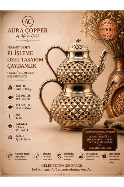 AURA COPPER Özel Piramit Desenli Bakır Çaydanlık Seti 1,2 mm El İşlemeli Büyü...