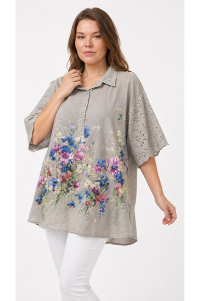 EtkiModa Women's Scalloped Bat Sleeve Loose Fit Italian Style Shirt Collar Tunic
