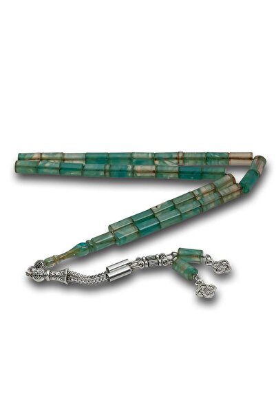 Inure Jewelry Sea Green Cut and Crimped Amber Prayer Beads with Metal Tassels