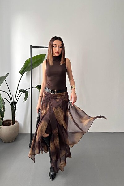Clothes Fast Women's Brown Skirt Chiffon Patterned Gathered Slit Lined Long A...