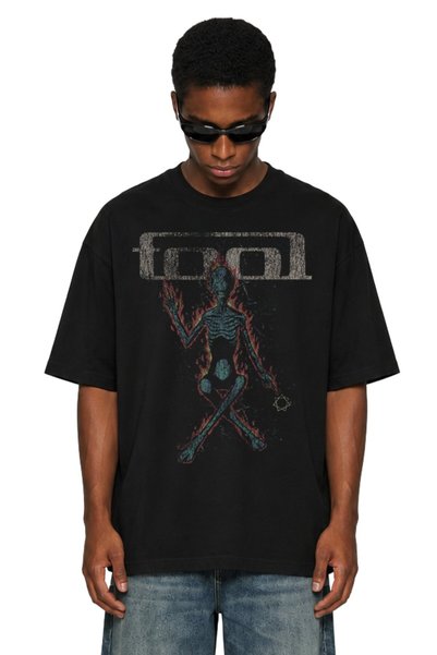 Fuddy Moda Unisex Tool Skeleton Ense Baskılı Bisiklet Yaka Tişört, Oversize Rock Band Temalı Tshirt