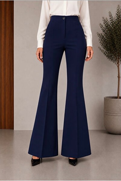 Heyya Women's Spanish Flare Navy Blue Fabric Trousers