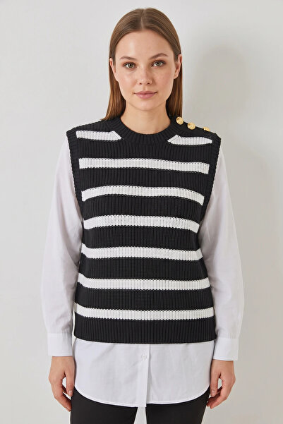 Generic Brand Women's Shirt Sleeve Detailed Knitwear Sweater Black White