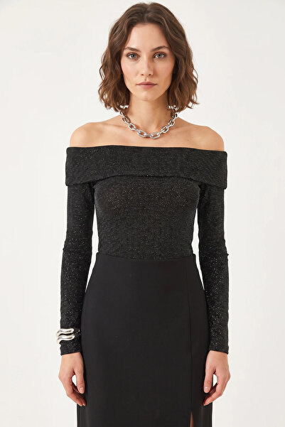 Şeker Portakalım Women's Madonna Collar Glittery Black Blouse