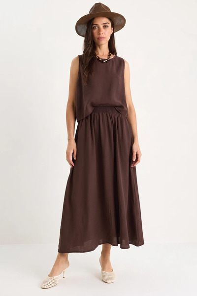 Generic Brand Women's Thick Strap Blouse Elastic Waist Skirt Modal Brown Set