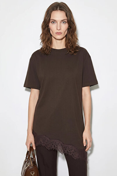 Generic Brand Women's Lace Detailed Asymmetrical Cut Short Sleeve t Shirt Bit...