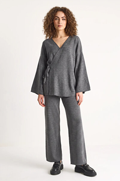 Efnaz style Women's Double-Breasted Knitwear High-Waist Anthracite Trousers Set