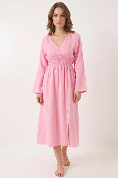 Efnaz style Women's V-Neck, Belted, Wide-Sleeved, Slit Detailed, Long Cotton ...