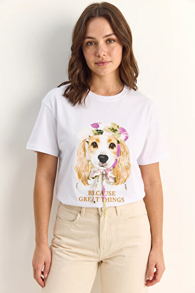 Generic Brand Women's Printed Sequin Detailed Bow Basic White T-Shirt