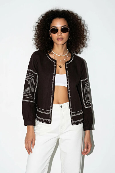 Efnaz style Women's Embroidery Detailed Summer Muslin Bitter Brown Jacket
