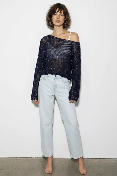 Efnaz style Women's Boat Neck Sequined Mesh Textured Bat Sleeve Crop Navy Blu...