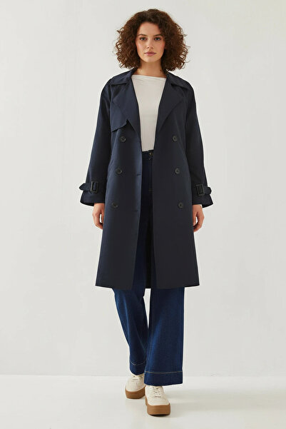Efnaz style Women's Front Detailed Double-Breasted Trench Coat Navy Blue