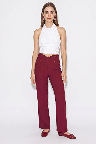 Efnaz style Women's Button Detailed High Waist Straight Leg Fabric Burgundy T...