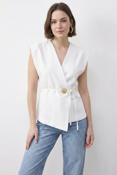Efnaz style Women's Stylish Buttoned Belted Woven White Vest
