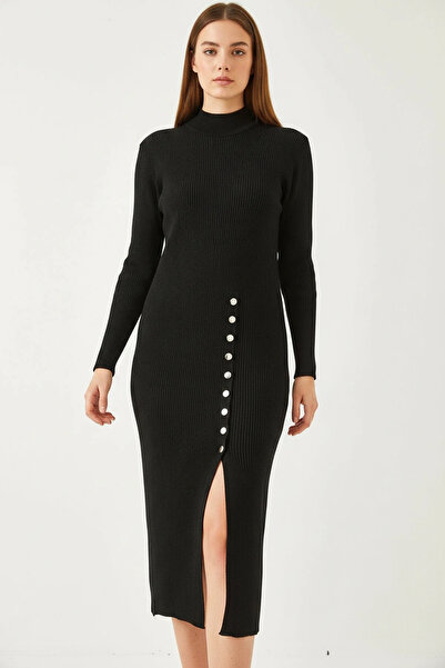 Efnaz style Women's Ribbed Buttoned Knitwear Black Dress