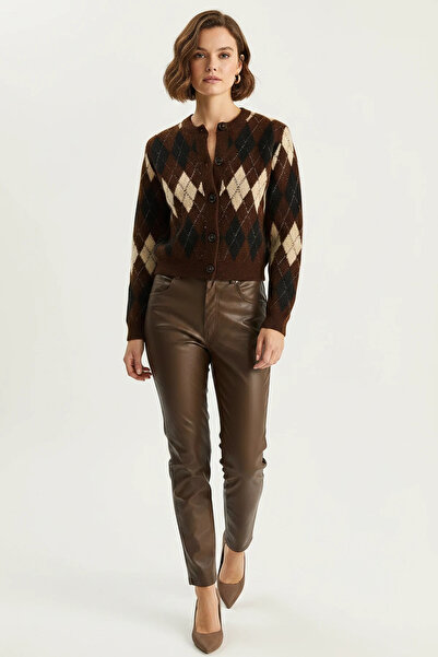 Efnaz style Women's Diamond Patterned Crew Neck Brown Cardigan