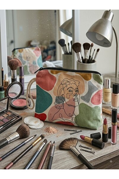 MOJOMIX Cream Color Canvas Fabric Front Back Patterned Multi-Purpose Makeup /...