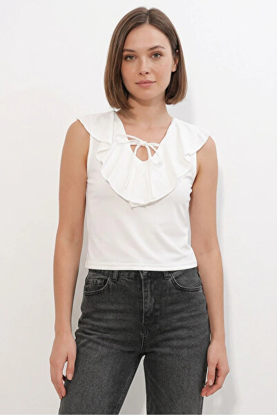 Efnaz style Women's V-Neck Ruffled Lace-Up White Blouse
