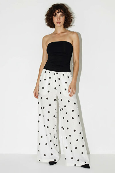 Efnaz style Women's Raw Linen Waist Tied Polka Dot Relaxed Loose Trousers Ecr...