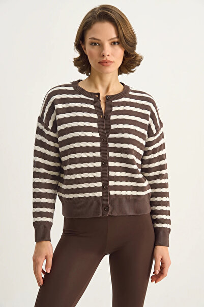 Efnaz style Women's Striped Hair Knit Basic Knitwear Brown Ecru Cardigan