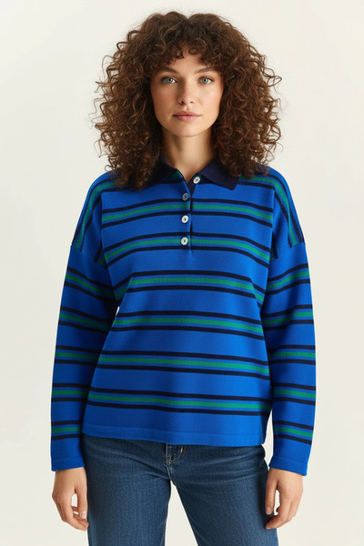 Efnaz style Women's Polo Collar Striped Knitwear Saks Sweater