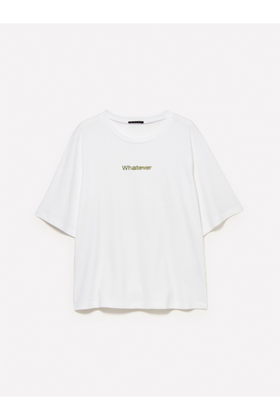 Sisley Kadın Beyaz %100 Pamuk Önü Baskılı Bisiklet Yaka Boxy Fit T-Shirt
