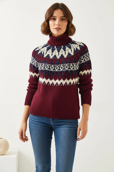Şeker Portakalım Women's Jacquard Raglan Knitwear Burgundy Sweater