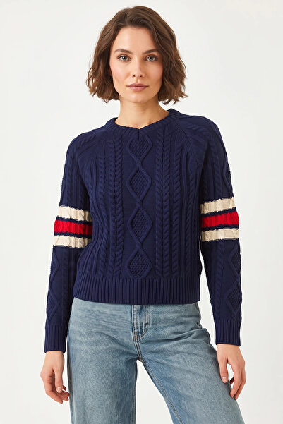 Generic Brand Women's V-Neck Patterned Knitwear Navy Blue Sweater