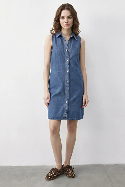 Efnaz style Women's Snap Closure Pocket Detailed Shirt Collar Denim Blue Dress
