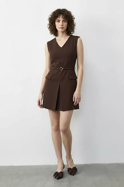 Şeker Portakalım Women's V-Neck Belt Detailed Mini Bitter Brown Dress