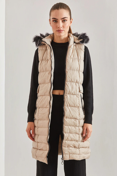 Efnaz style Women's Hooded Fur Pocket Patterned Long Beige Vest