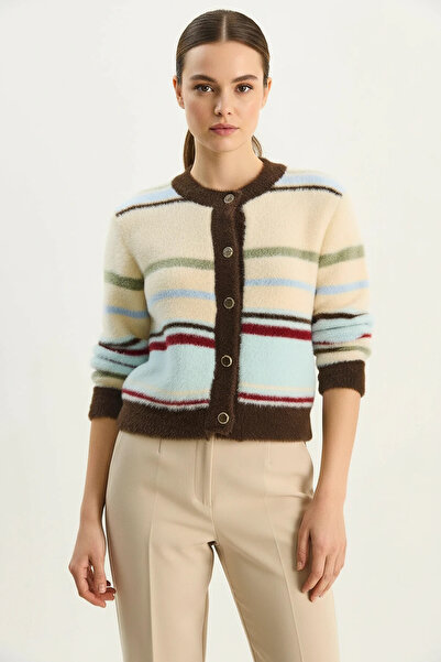 Generic Brand Women's Very Soft Textured Striped Knitwear Brown Beige Cardigan