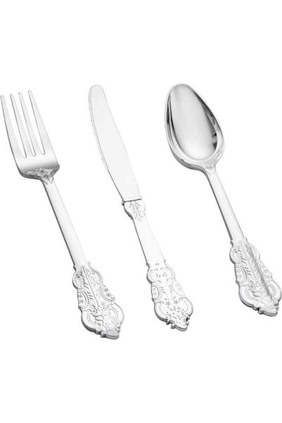 Generic Silver Plastic Tableware - Silver Plastic Plates, silver Plastic dinnerware silver Cups, silver Cutlery, and Silver Napkins for 25 People - Ideal for home and events 175 Pcs